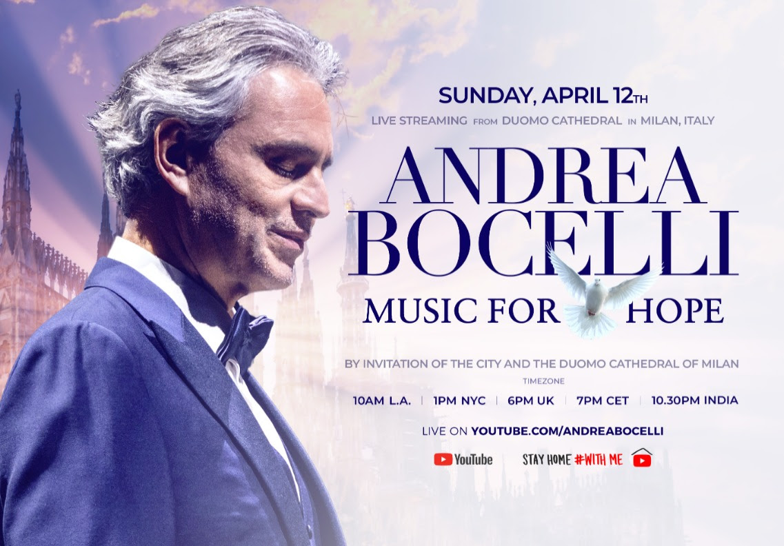 ‘Music for hope’ de Andrea Bocelli en youtube el Domingo de Pascua desde la catedral de Milán
