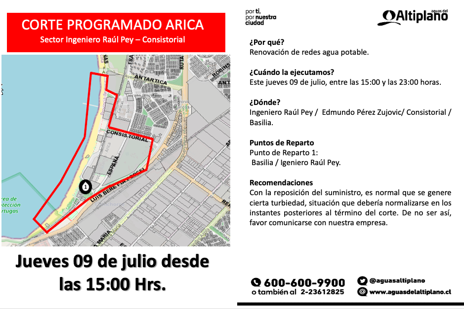 Arica: Aguas del Altiplano anuncia corte programado
