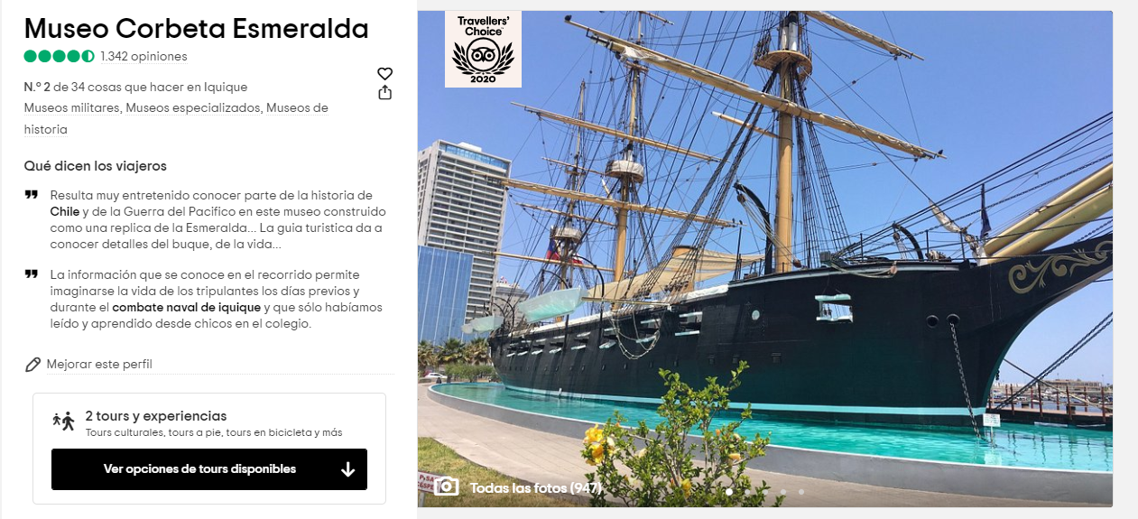 Museo “Corbeta Esmeralda” es galardonado con el Traveller´S Choice 2020