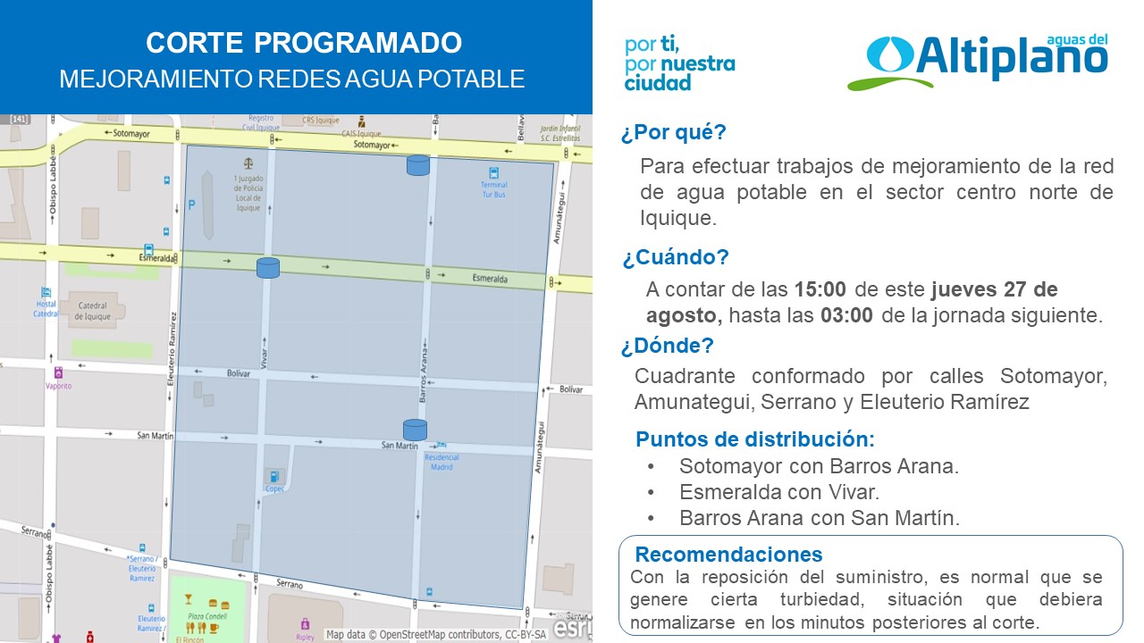 Aguas del Altiplano anuncia cortes programados en Iquique y Pozo Almonte