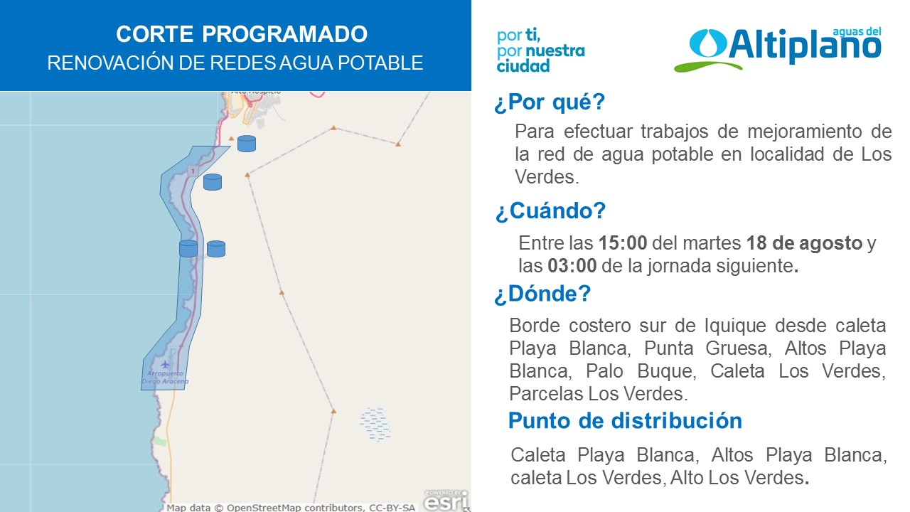 Aguas del Altiplano anuncia cortes programados en distintos puntos de Tarapacá