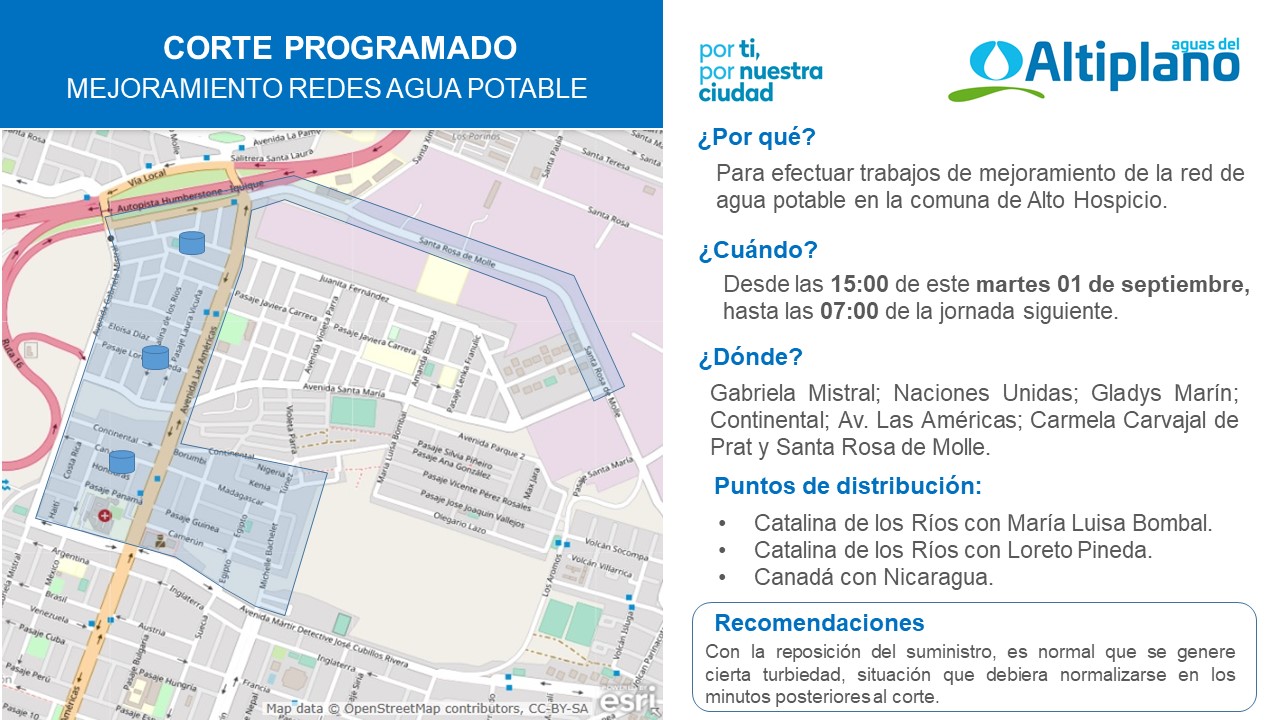 Aguas del Altiplano anuncia corte programado en comuna de Alto Hospicio