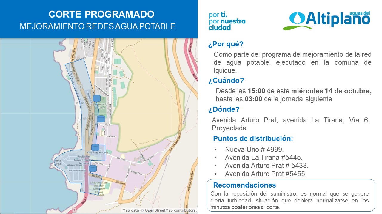 Aguas del Altiplano anuncia corte programado para el sector sur de Iquique