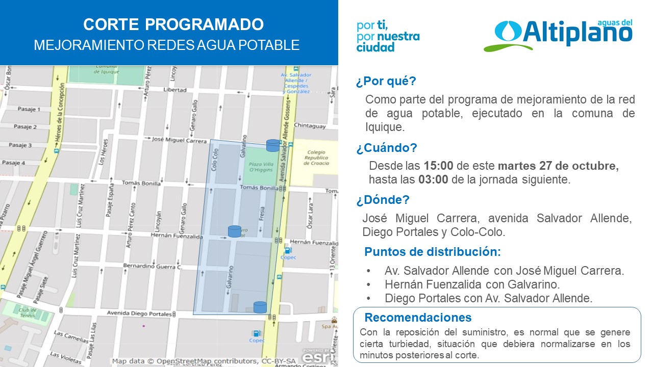 Aguas del Altiplano anuncia corte programado para el sector centro de Iquique