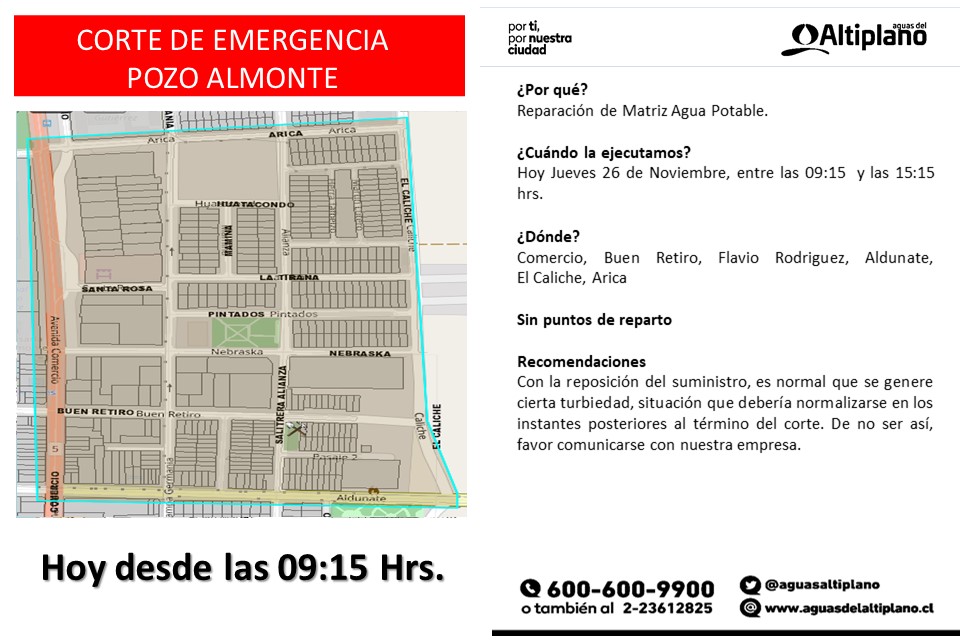 Corte de emergencia por reparación de matriz en Pozo Almonte