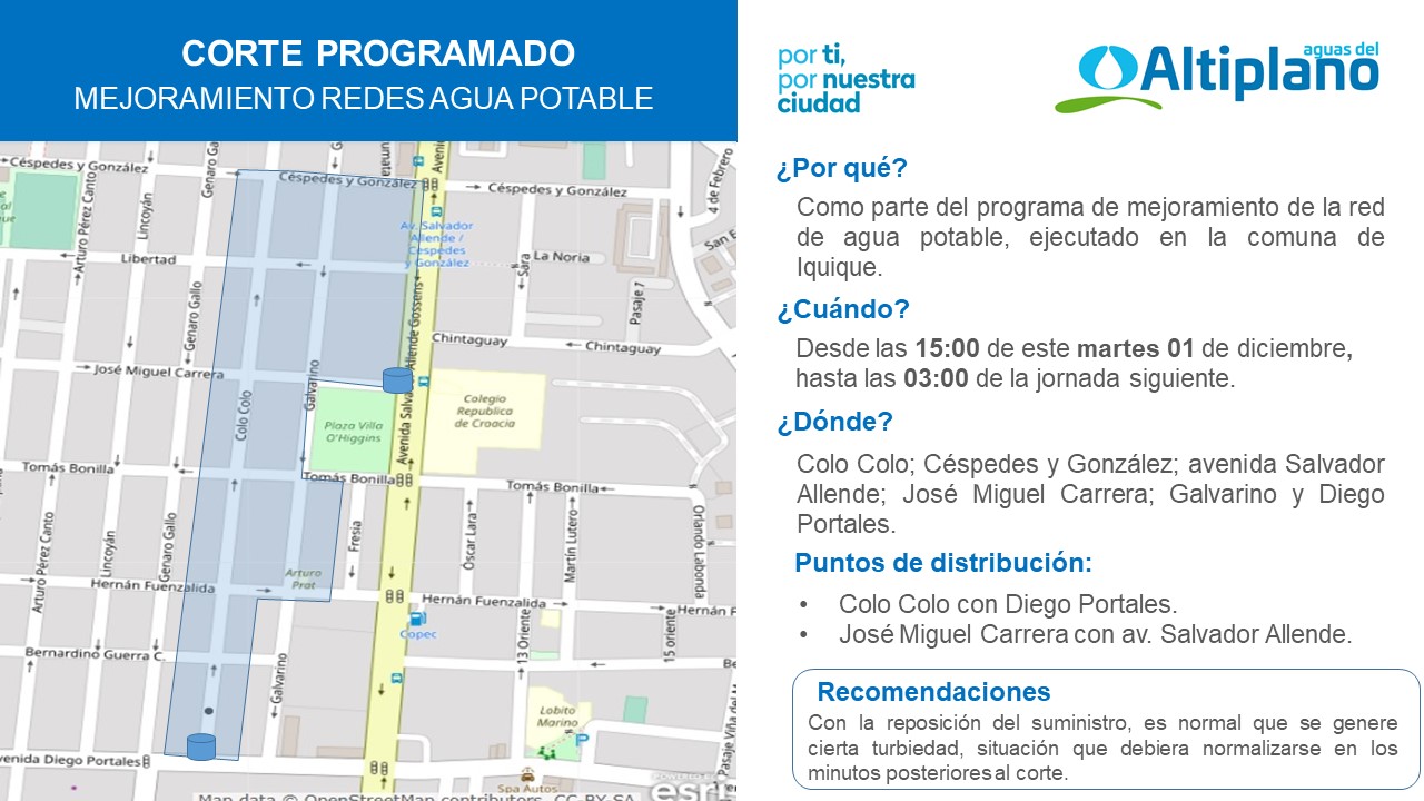 Aguas del Altiplano anuncia corte programado para el sector centro sur de Iquique