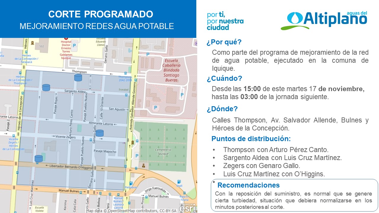 Aguas del Altiplano anuncia corte programado para el sector centro de Iquique