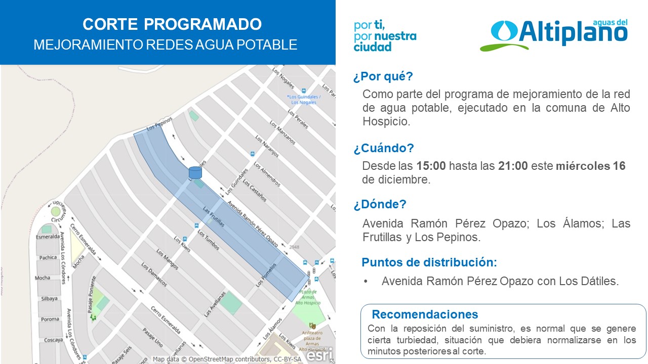 Aguas del Altiplano anuncia corte programado para sector poniente de la comuna de Alto Hospicio