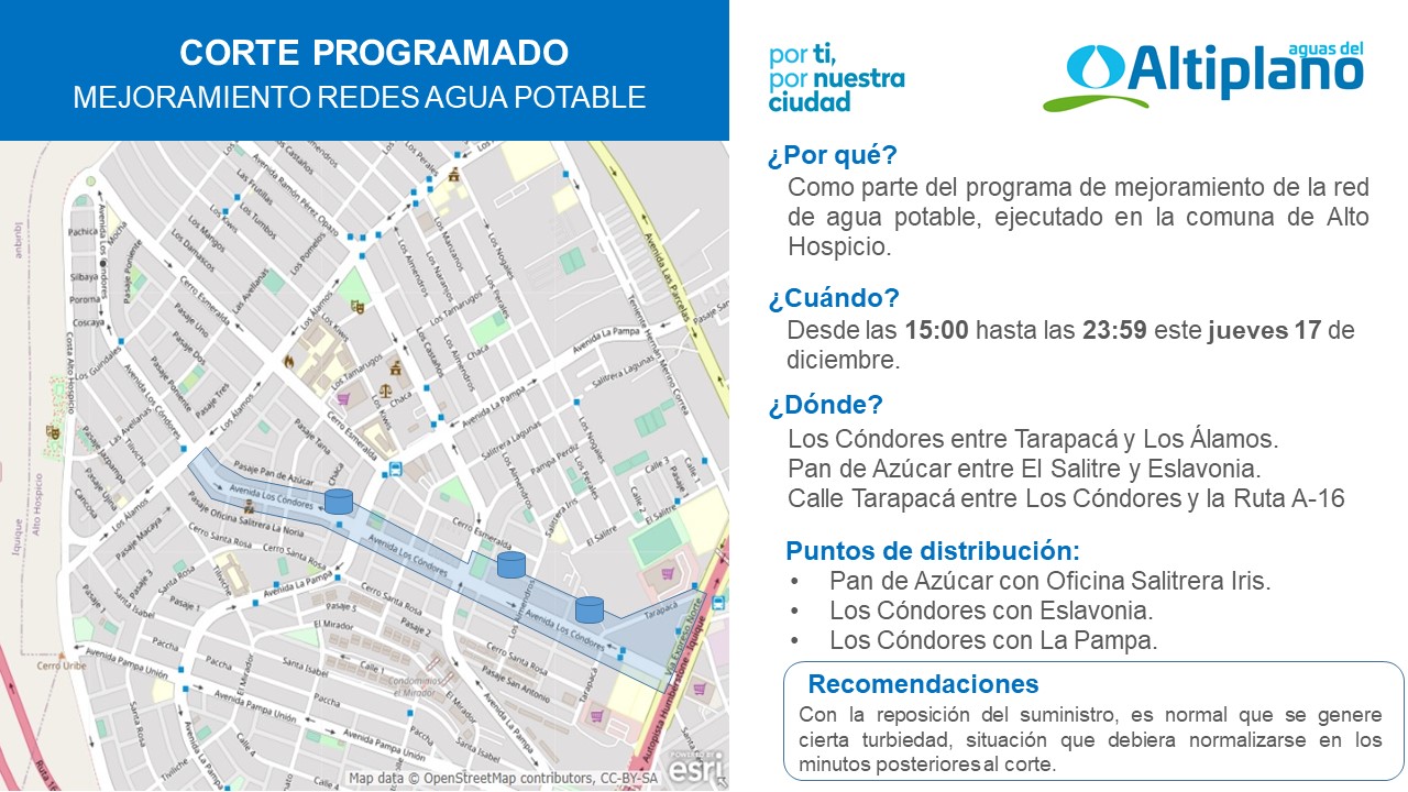 Aguas del Altiplano anuncia corte programado para sector centro de la comuna de Alto Hospicio