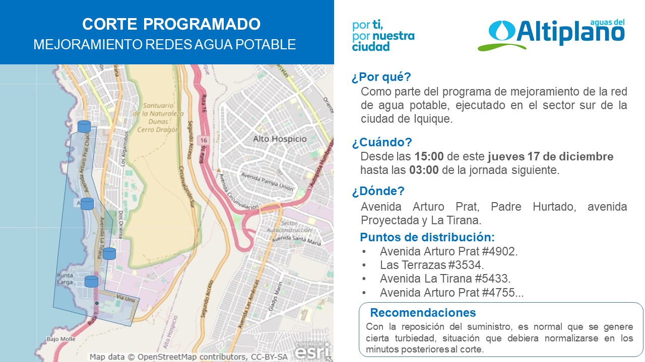Aguas del Altiplano anuncia corte programado para sector sur de Iquique