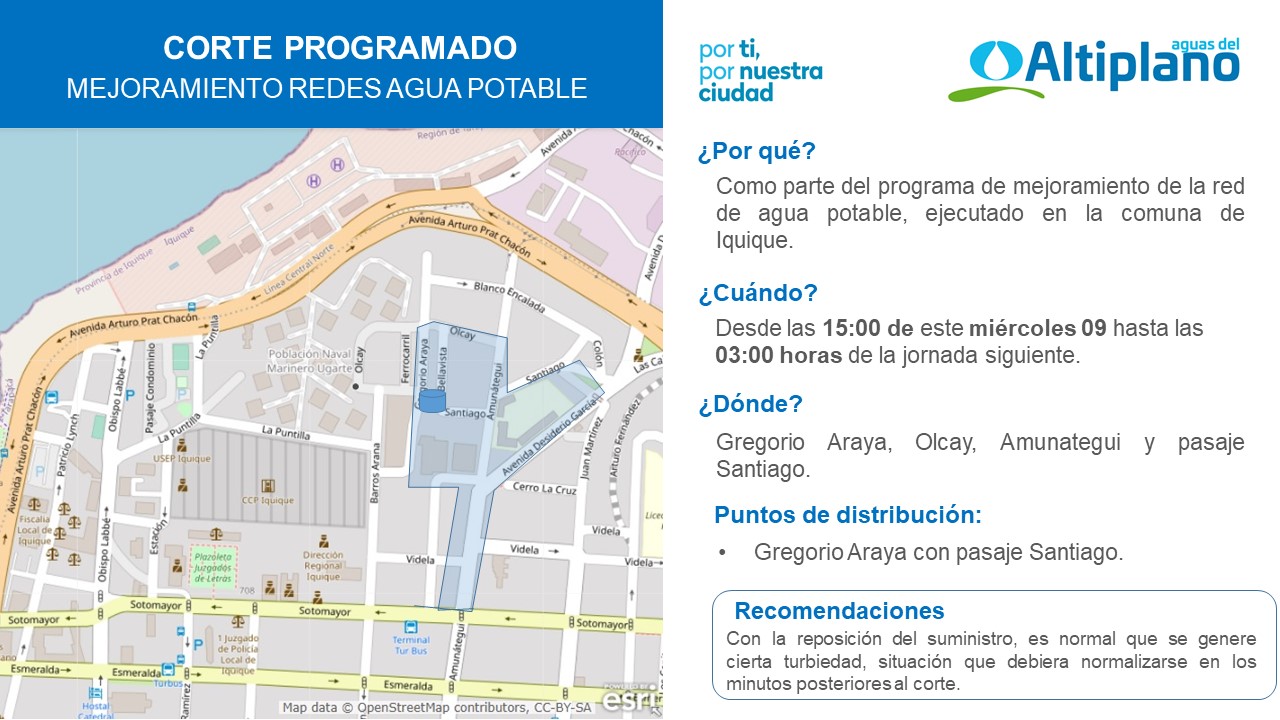 Aguas del Altiplano anuncia corte programado para el sector norte de Iquique