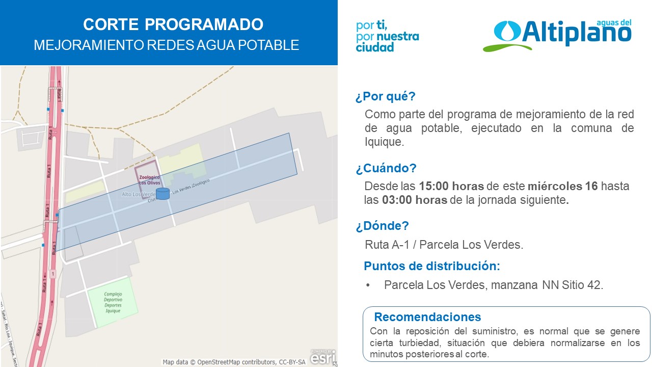 Aguas del Altiplano anuncia corte programado para Los Verdes