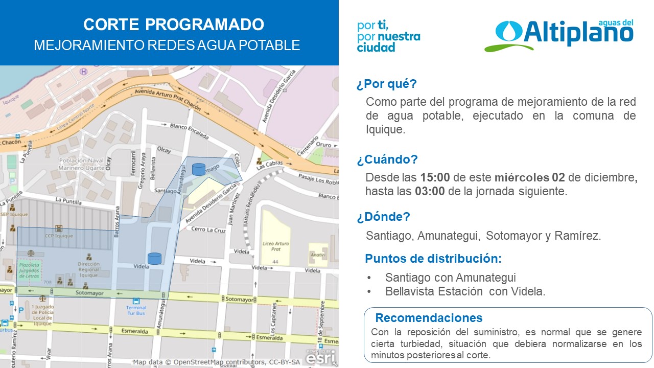 Aguas del Altiplano anuncia corte programado para el sector centro norte de Iquique