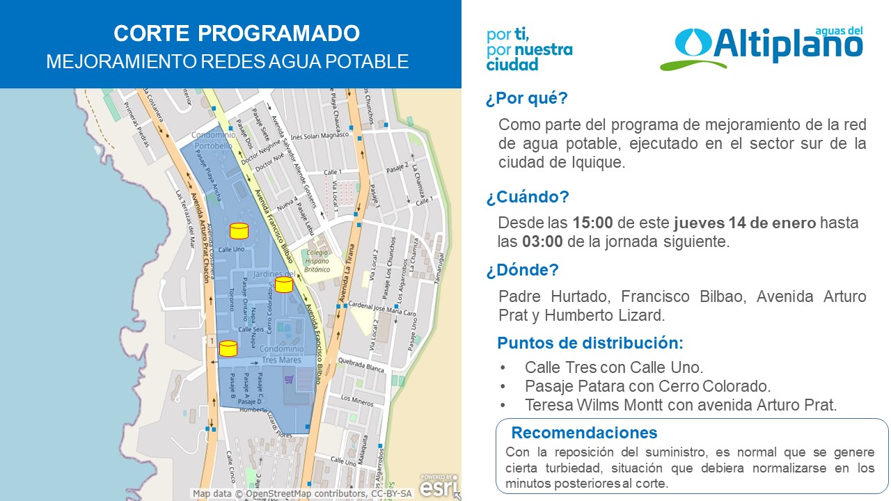 Aguas del Altiplano anuncia corte programado para hoy en sector sur de Iquique