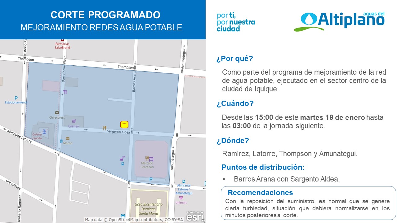 Aguas del Altiplano anuncia corte programado para sector centro de Iquique