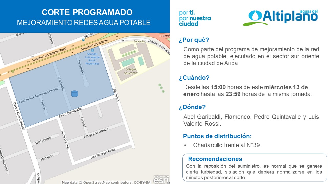 Aguas del Altiplano anuncia corte programado para sector sur oriente de Arica