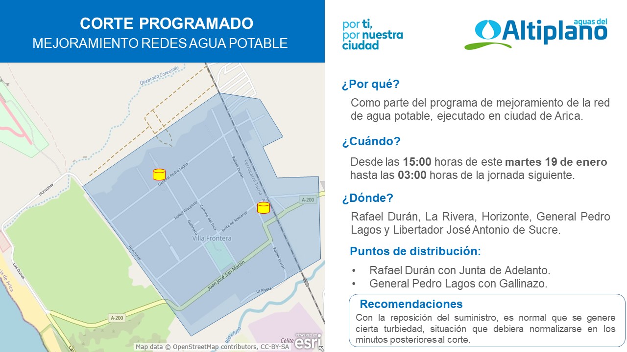 Aguas del Altiplano anuncia corte programado para sector de Villa Frontera en Arica