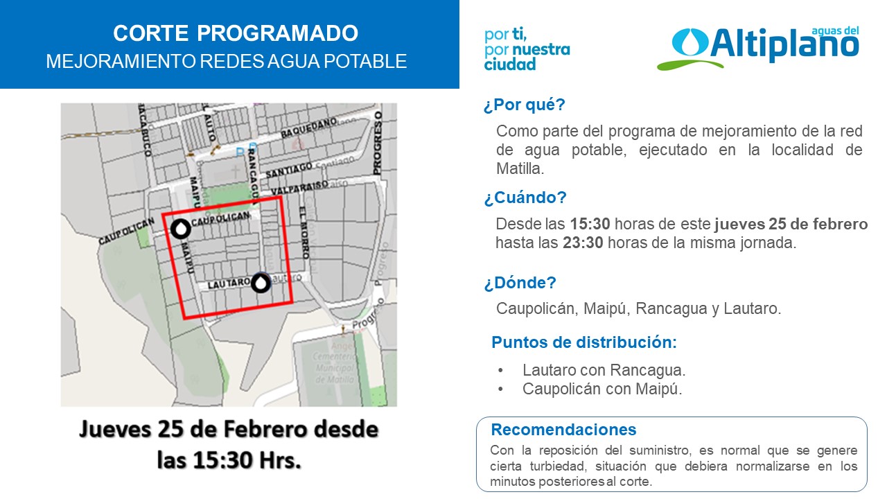 Aguas del Altiplano anuncia corte programado en Matilla