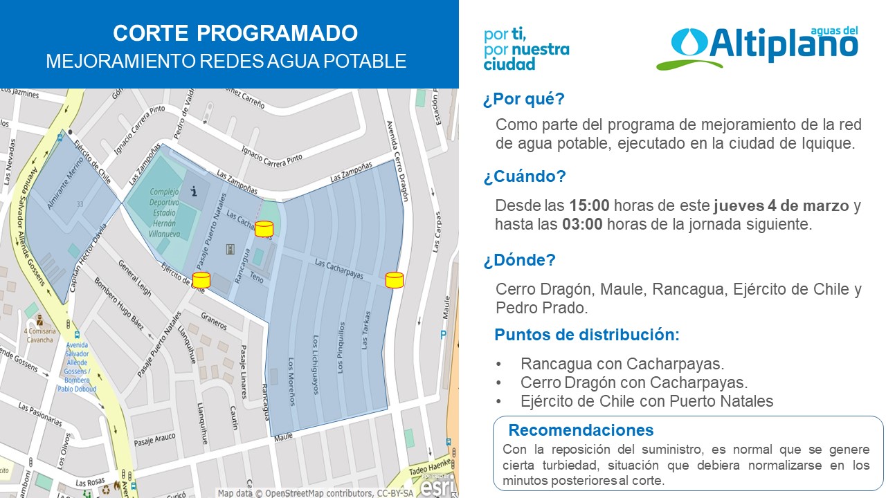 Aguas del Altiplano anuncia corte programado en Iquique