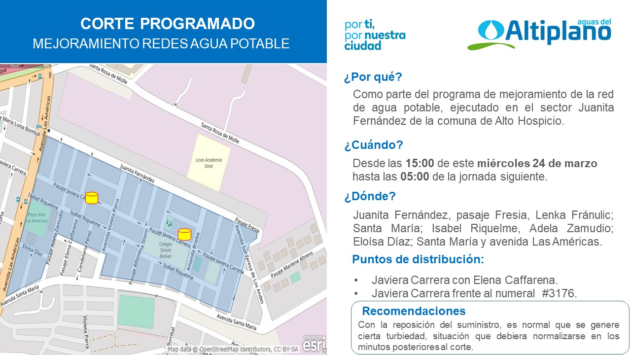 Aguas del Altiplano anuncia corte programado para sector Autoconstrucción en Alto Hospicio