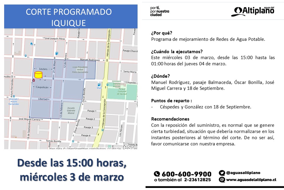 Aguas del Altiplano anuncia corte programado en Iquique (VEA EL SECTOR)