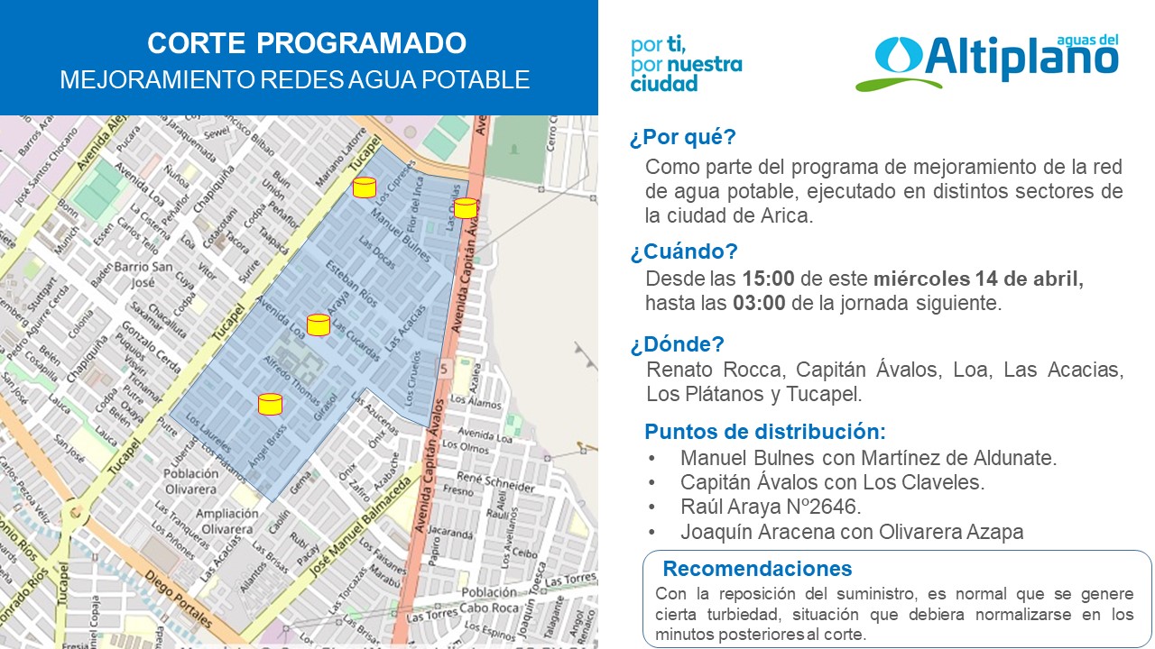 Aguas del Altiplano anuncia corte programado en Arica