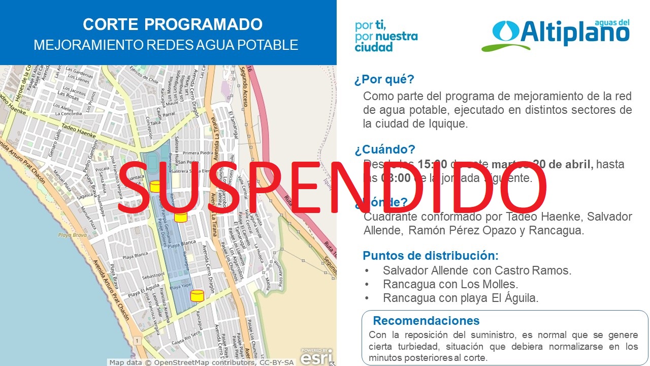 ¡SUSPENDIDO! Aguas del Altiplano anuncia corte programado para sector alto de la ciudad de Iquique