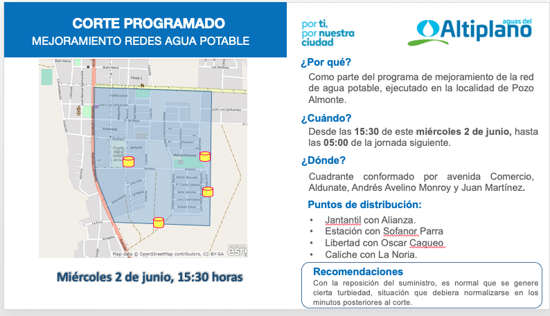 Por obras de mejoramiento de la Red: Aguas del Altiplano anuncia corte programado para Pozo Almonte