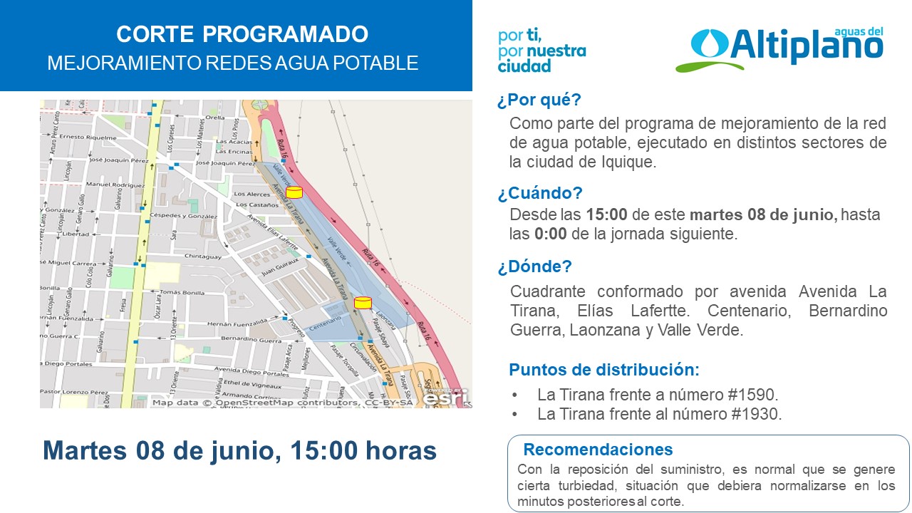 Aguas del Altiplano anuncia corte programado para sector sur de Iquique