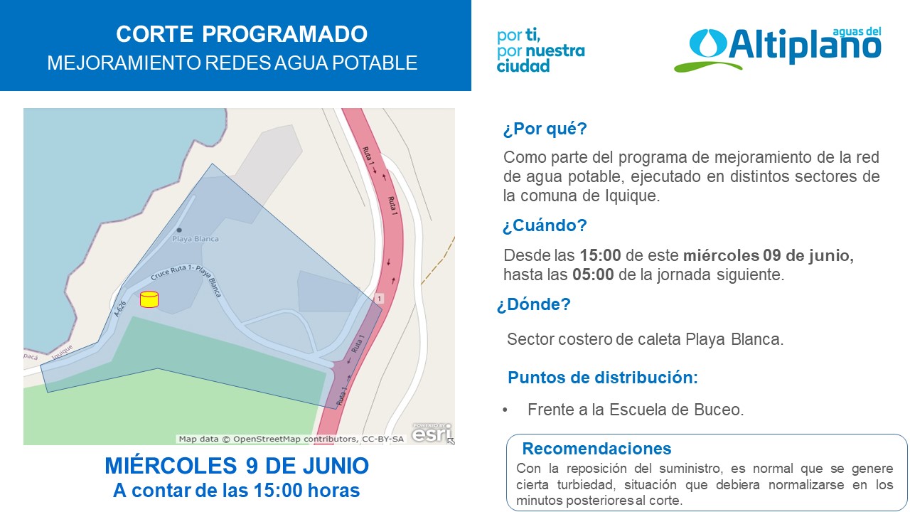 Aguas del Altiplano anuncia corte programado para sector de caleta Playa Blanca