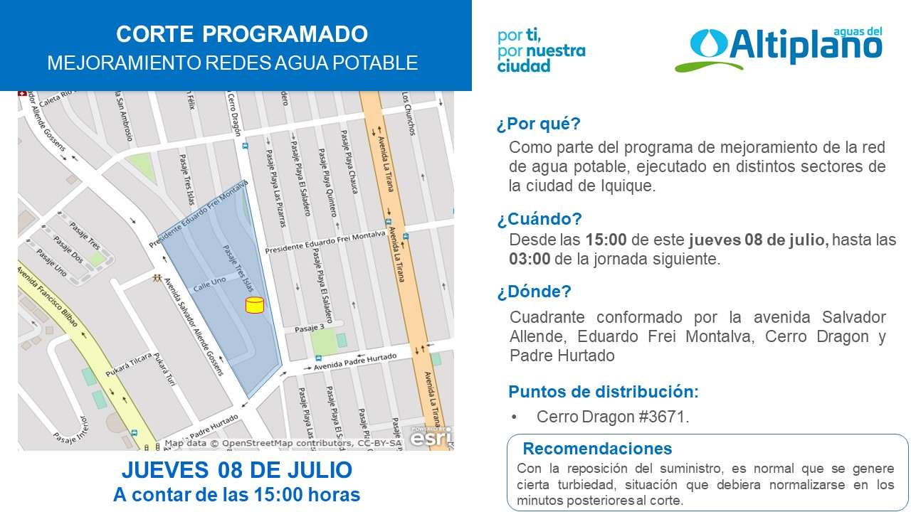 Aguas del Altiplano anuncia corte programado para sector sur de Iquique