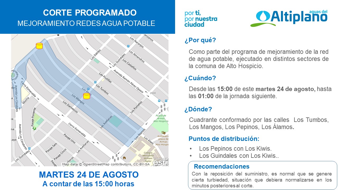 Aguas del Altiplano anuncia corte programado para sector centro de Alto Hospicio
