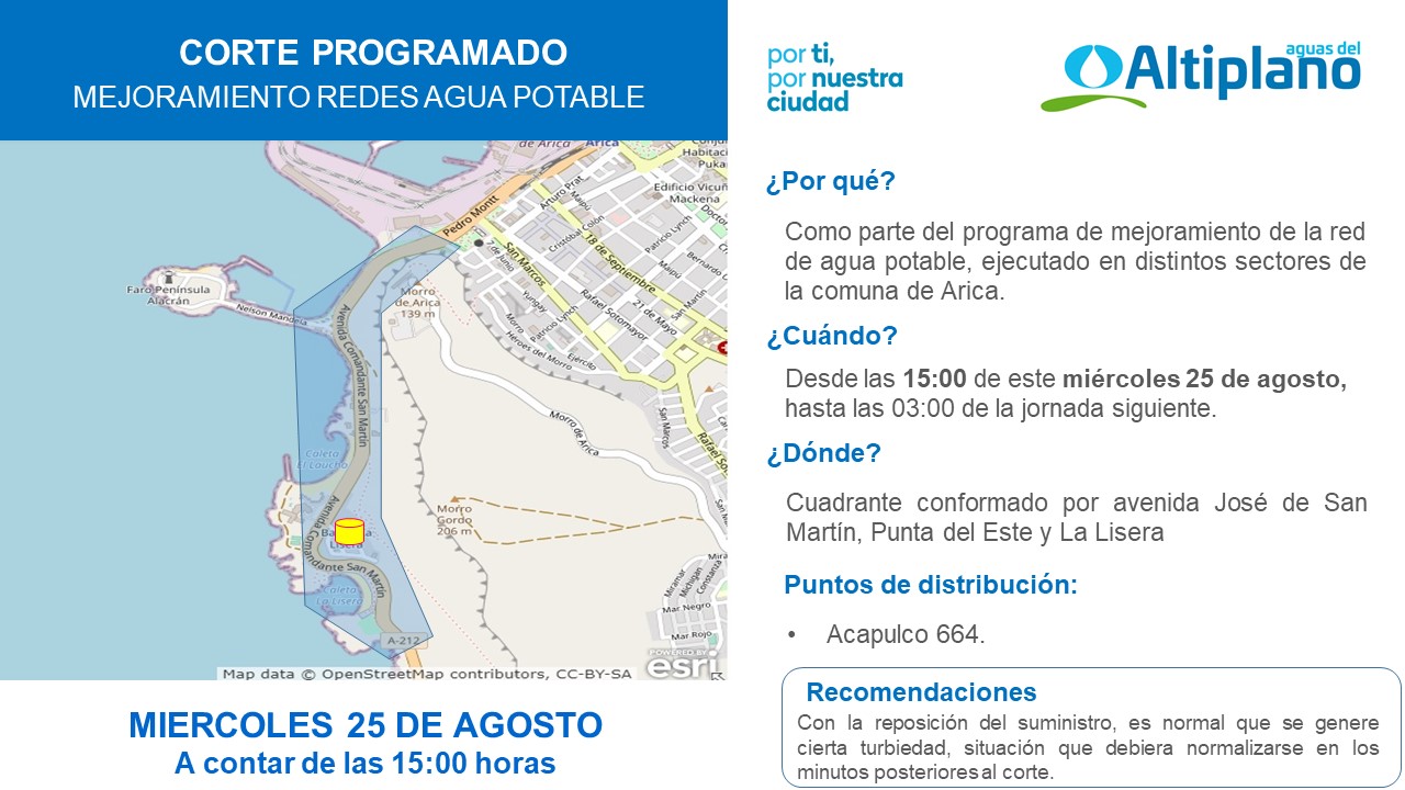 Aguas del Altiplano anuncia corte programado para sector costero sur de Arica
