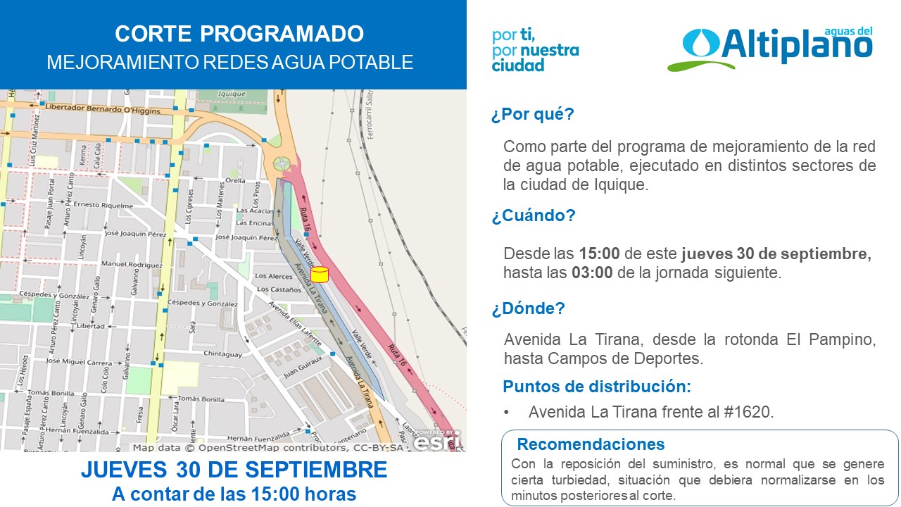 Aguas del Altiplano anuncia corte programado para el sector rotonda El Pampino