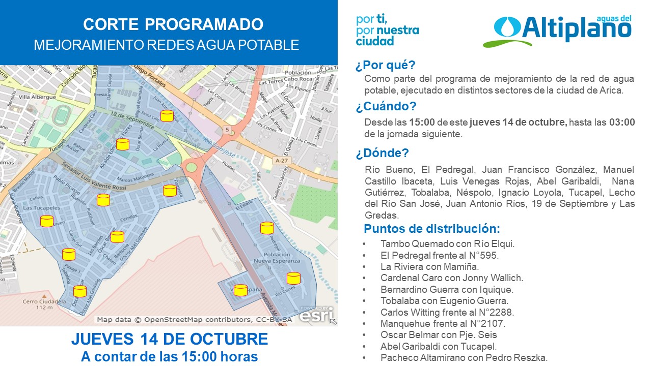 Aguas del Altiplano anuncia corte programado para el sector oriente de Arica