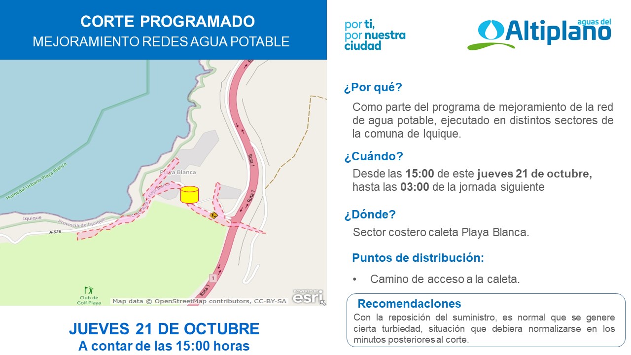 Aguas del Altiplano anuncia cortes programados para esta semana en la comuna de Iquique