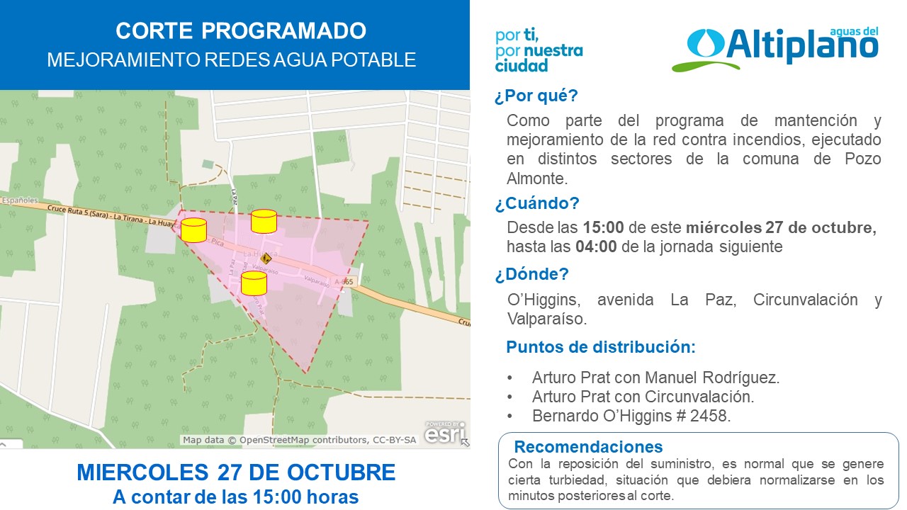 Aguas del Altiplano anuncia corte programado para localidad de La Huayca