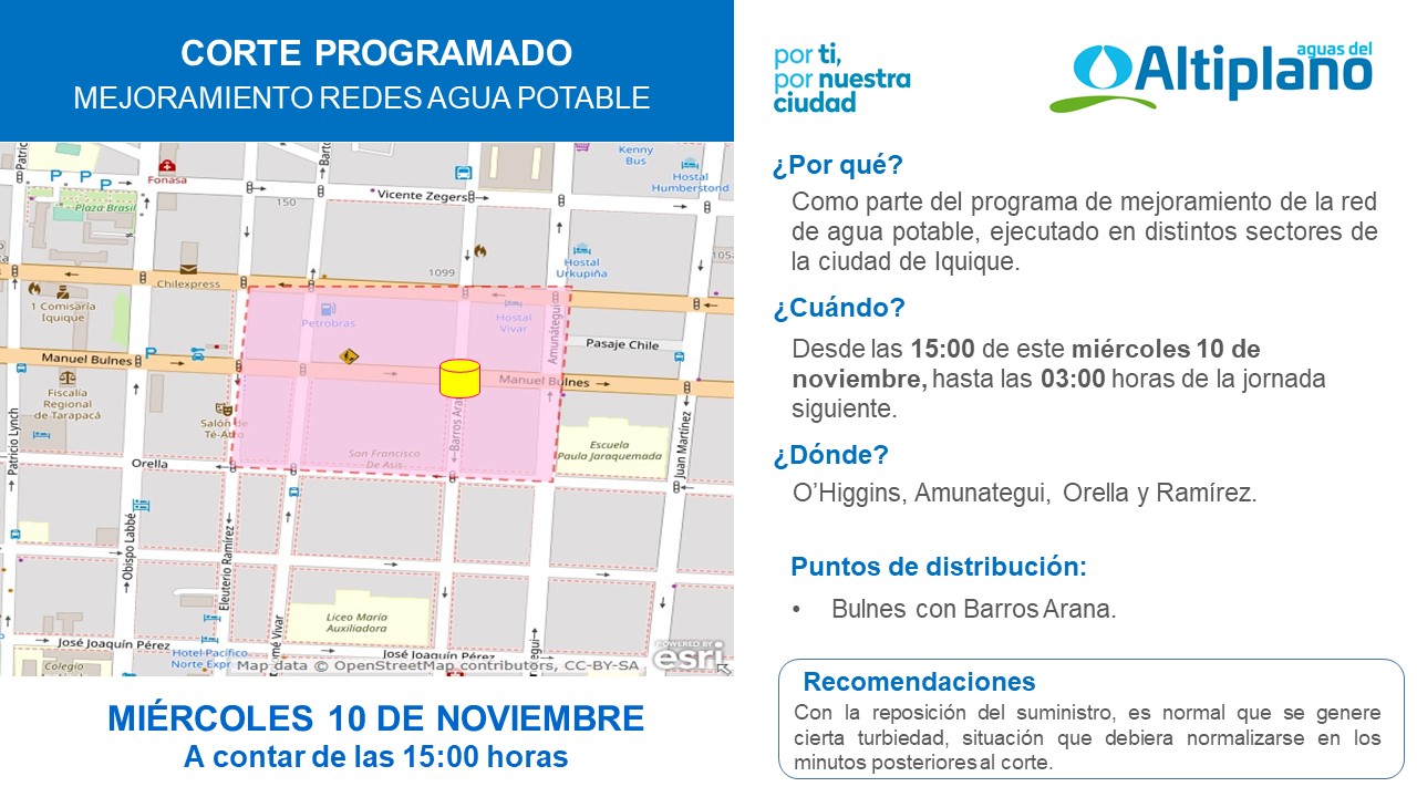 Aguas del Altiplano anuncia cortes programados para Matilla e Iquique