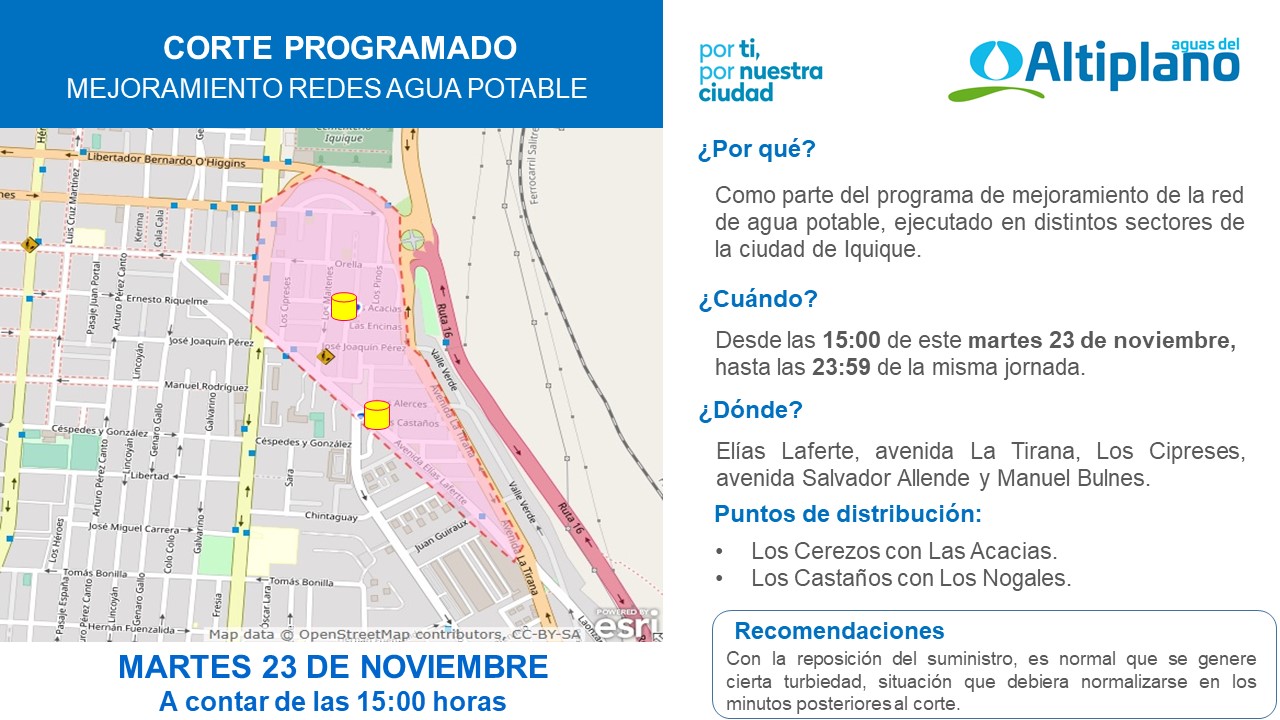 Aguas del Altiplano anuncia corte programado para Iquique