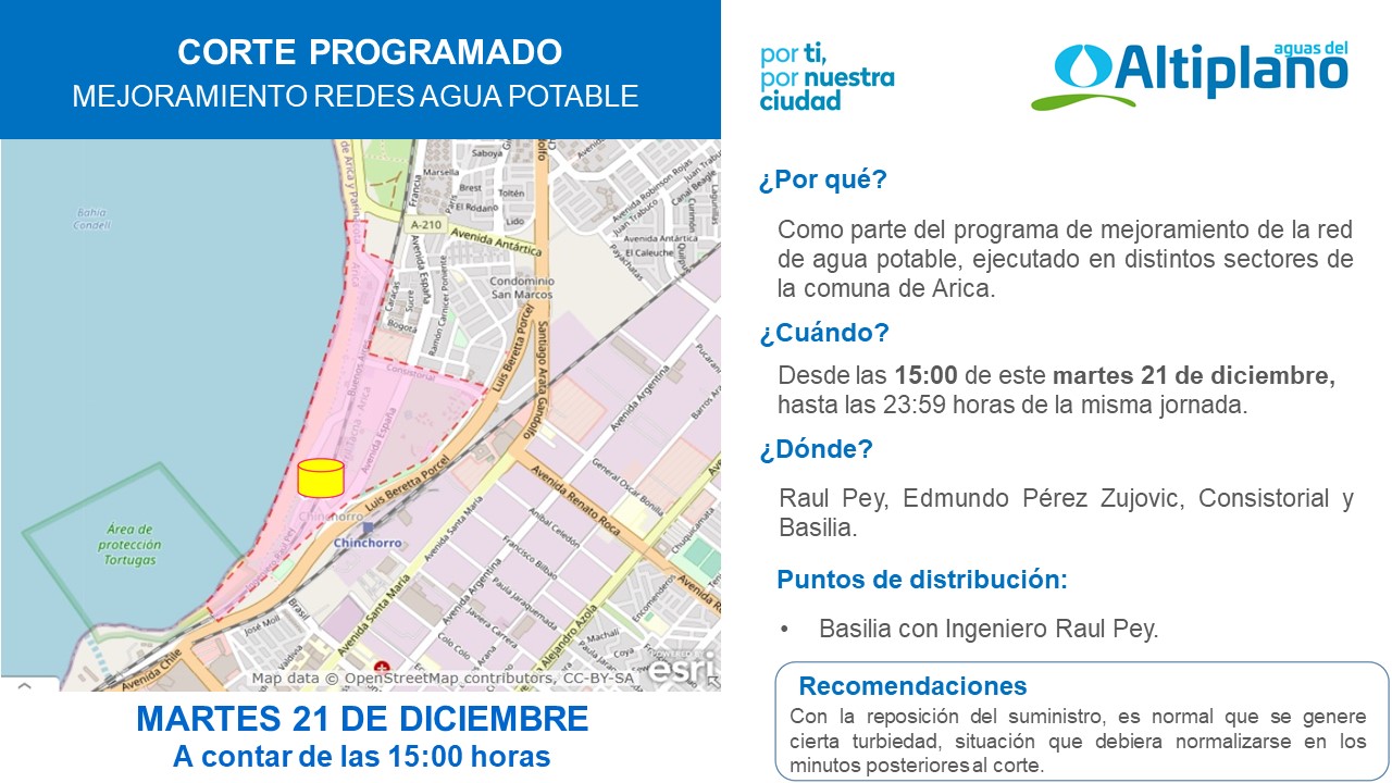 Aguas del Altiplano anuncia corte programado para el sector de Chinchorro