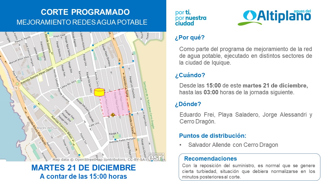Aguas del Altiplano anuncia cortes programados para sectores de Iquique y Alto Hospicio