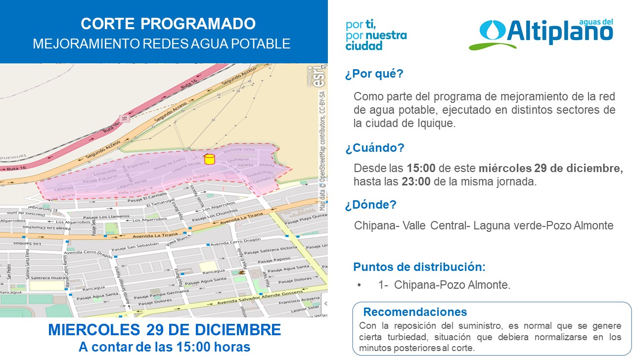 Aguas del Altiplano anuncia hoy corte programado para sector sur de Iquique a contar de las 15 horas