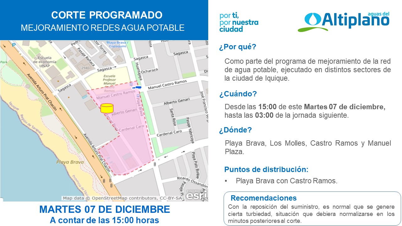 Aguas del Altiplano anuncia corte programado para hoy martes en sector sur Iquique