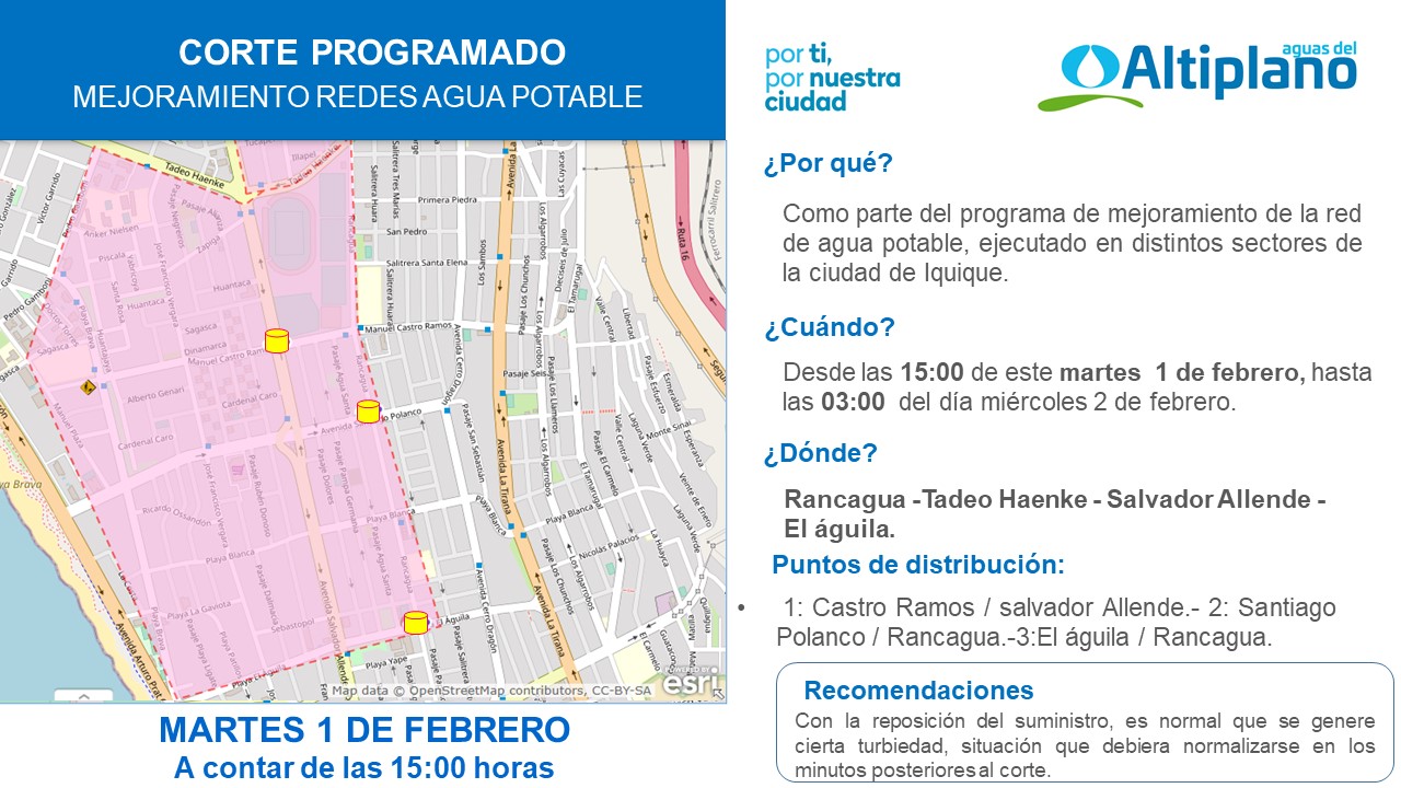 Aguas del Altiplano anuncia dos cortes programados para sector sur de Iquique