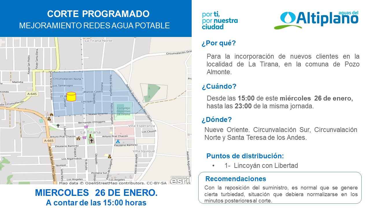 Aguas del Altiplano anuncia corte programado (hoy) para el sector norte del pueblo de La Tirana