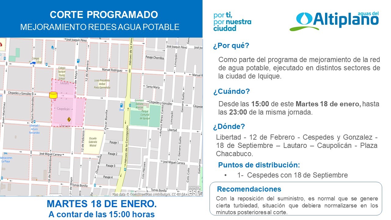 Aguas del Altiplano anuncia corte programado para sector centro-sur de Iquique