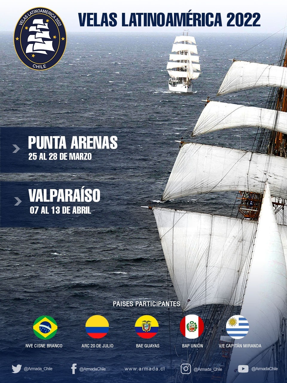 Los puertos de Punta Arenas y Valparaíso recibirán los 4 veleros y un patrullero extranjero que participan del encuentro “Velas Latinoamérica 2022”