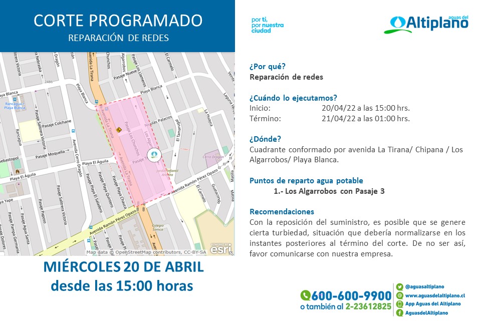 Aguas del Altiplano anuncia corte programado para sector sur de Iquique