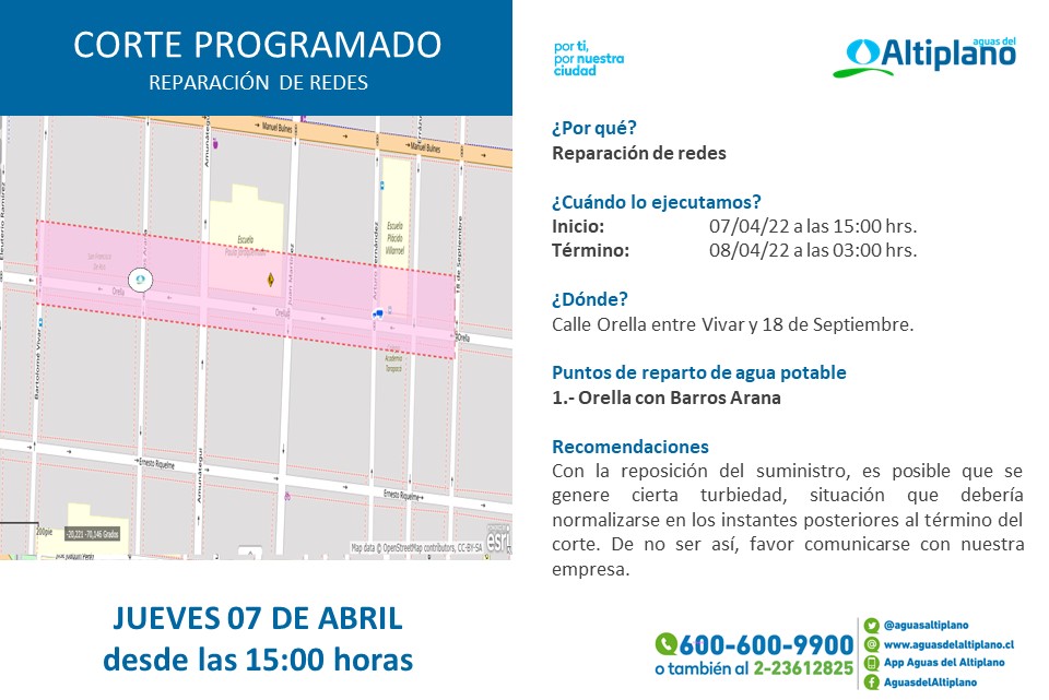 Aguas del Altiplano anuncia corte programado para sector centro de Iquique