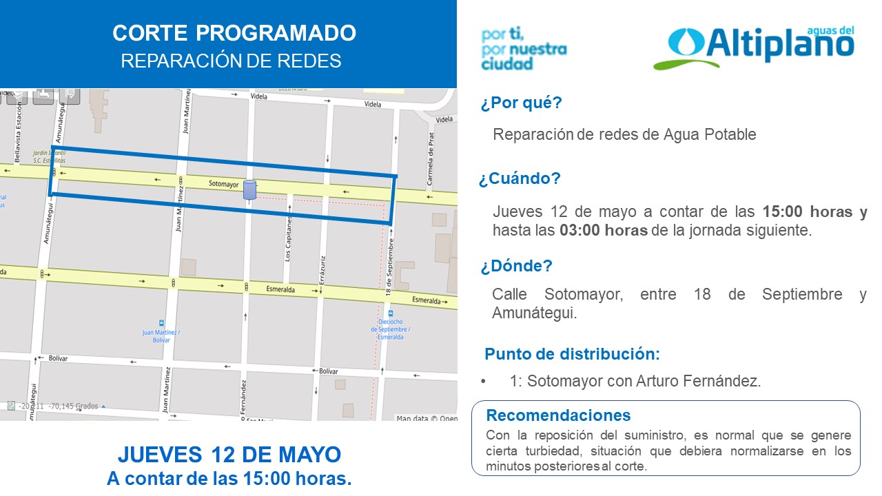 Aguas del Altiplano anuncia corte programado para sector centro de Iquique